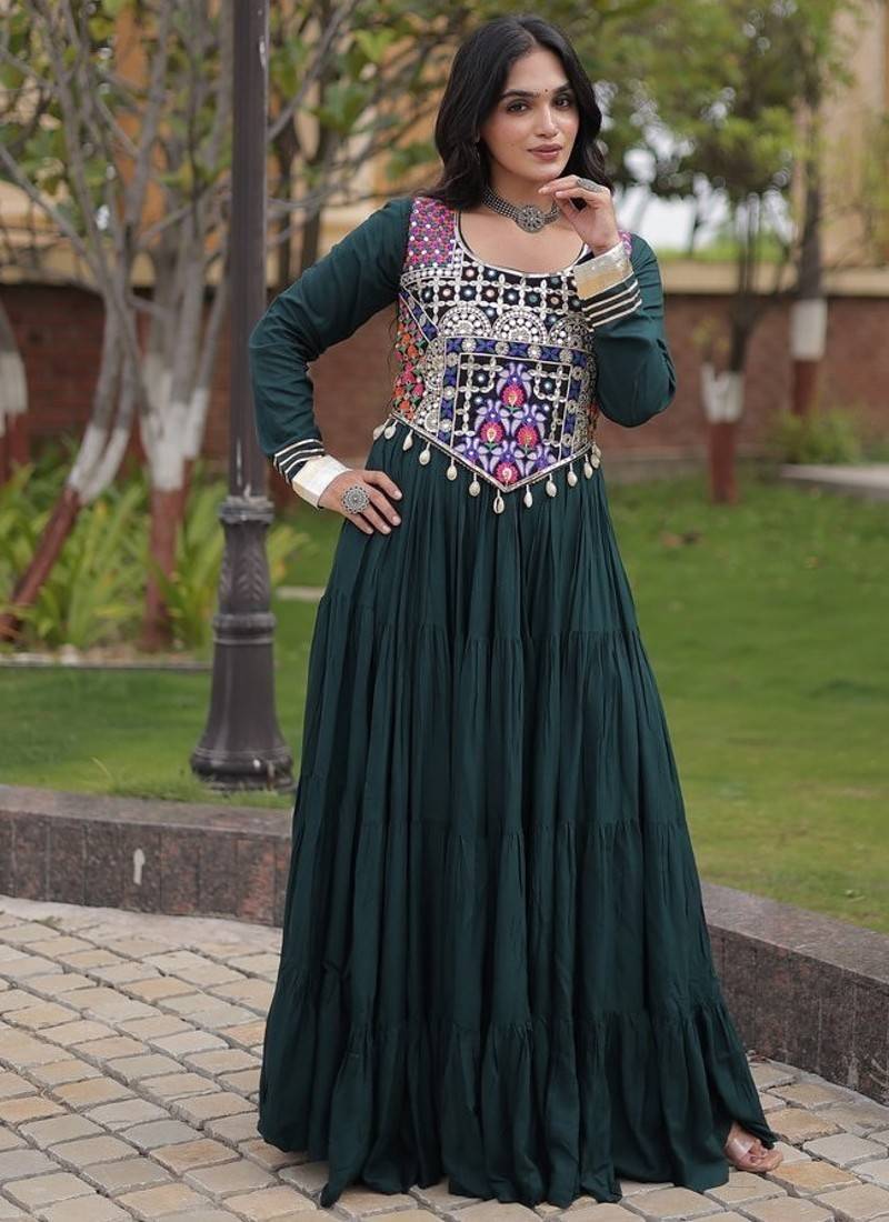 Designer rayon gown with mirror work blouse, gota patti & codi lace 4 layered 12 meter flair ethnic wear set