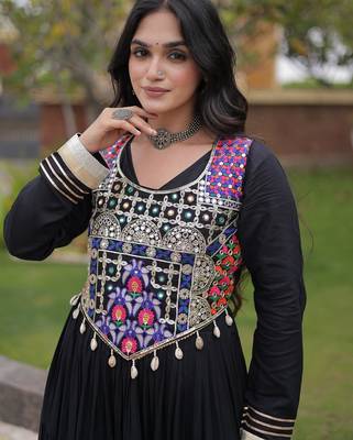 Designer rayon gown with mirror work blouse, gota patti & codi lace 4 layered 12 meter flair ethnic wear set 4