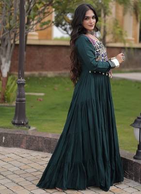 Designer rayon gown with mirror work blouse, gota patti & codi lace 4 layered 12 meter flair ethnic wear set 3