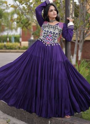 Designer rayon gown with mirror work blouse, gota patti & codi lace 4 layered 12 meter flair ethnic wear set 5