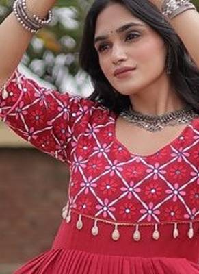 Designer kora cotton embroidered gown with real mirror work  free size with 38 44 inch margin 5