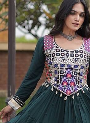 Designer rayon gown with mirror work blouse, gota patti & codi lace 4 layered 12 meter flair ethnic wear set 5