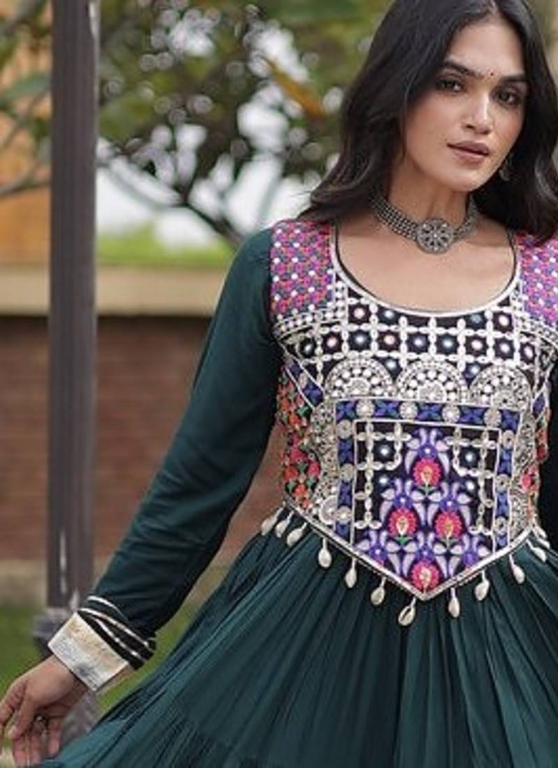 Designer rayon gown with mirror work blouse, gota patti & codi lace 4 layered 12 meter flair ethnic wear set