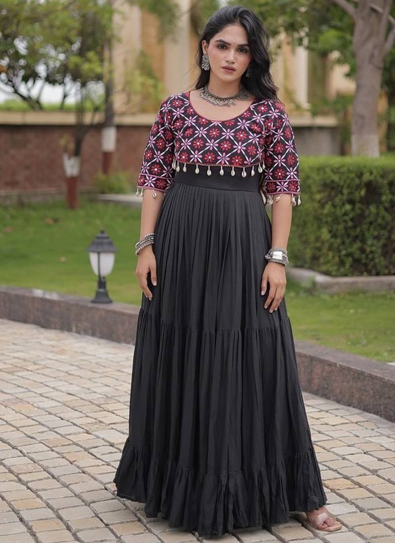 Designer kora cotton embroidered gown with real mirror work  free size