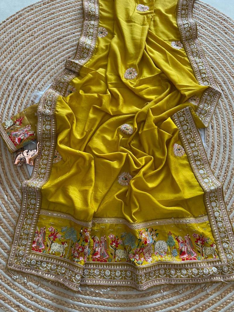 silk blend heavy embroidered work women's saree with blouse