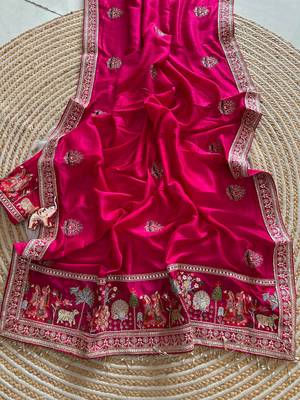 silk blend embroidered pink color saree with blouse 1