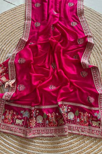 silk blend embroidered pink color saree with blouse