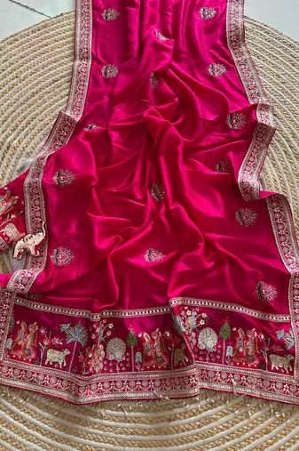 silk blend embroidered pink color saree with blouse