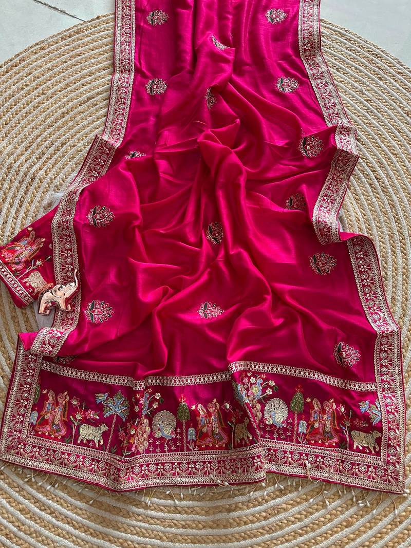 silk blend embroidered pink color saree with blouse