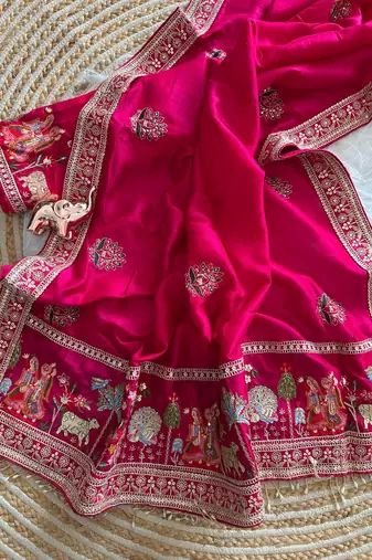 silk blend embroidered pink color saree with blouse