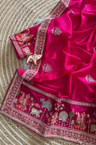 silk blend embroidered pink color saree with blouse