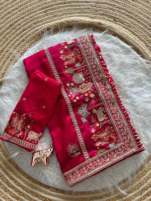 silk blend embroidered pink color saree with blouse 4