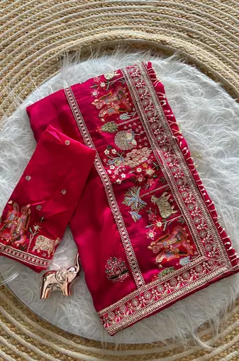 silk blend embroidered pink color saree with blouse