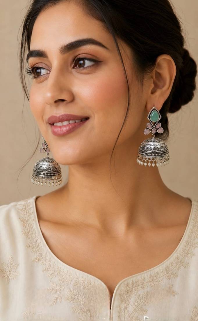 Green trendy silver plated earrings for women