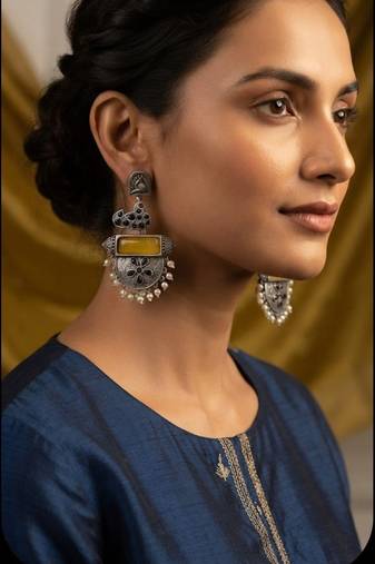 Yellow trendy silver plated earrings for women