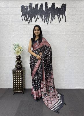 Black Ajarakh Print Real Mirror Crepe Silk Saree 4