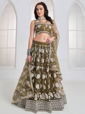 Alluring Olive Green Thread Work Net Mehendi Wear Lehenga Choli 1