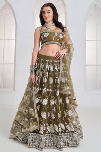 Alluring Olive Green Thread Work Net Mehendi Wear Lehenga Choli