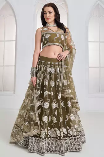 Alluring Olive Green Thread Work Net Mehendi Wear Lehenga Choli