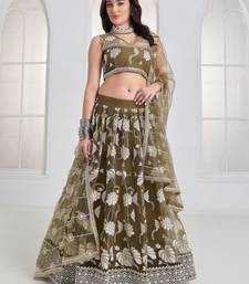 Alluring Olive Green Thread Work Net Mehendi Wear Lehenga Choli