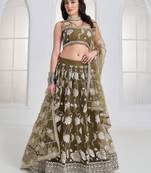 Alluring Olive Green Thread Work Net Mehendi Wear Lehenga Choli