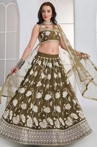 Alluring Olive Green Thread Work Net Mehendi Wear Lehenga Choli