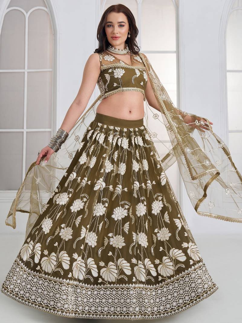 Alluring Olive Green Thread Work Net Mehendi Wear Lehenga Choli