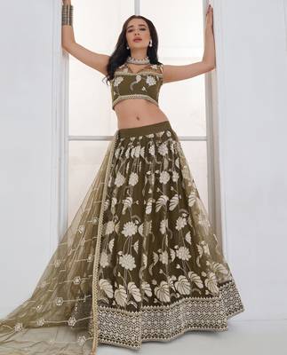 Alluring Olive Green Thread Work Net Mehendi Wear Lehenga Choli 3