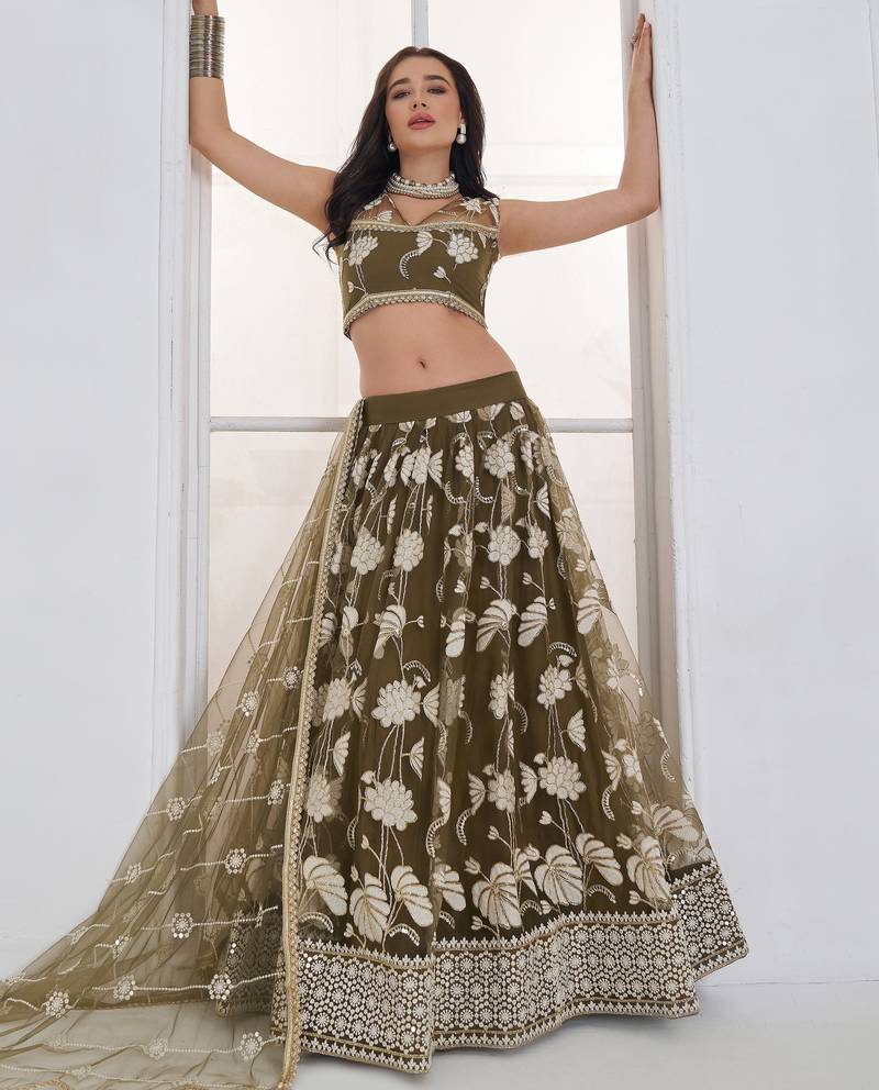 Alluring Olive Green Thread Work Net Mehendi Wear Lehenga Choli