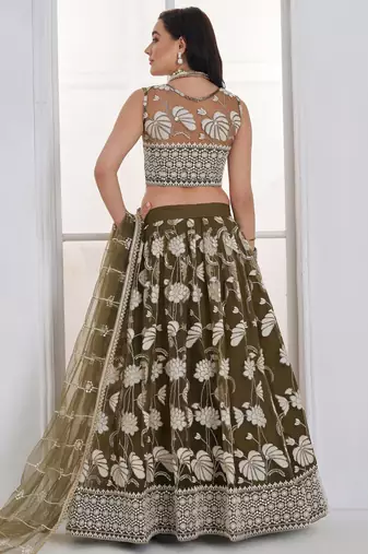 Alluring Olive Green Thread Work Net Mehendi Wear Lehenga Choli