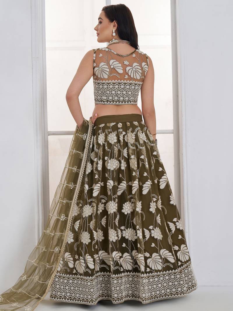 Alluring Olive Green Thread Work Net Mehendi Wear Lehenga Choli