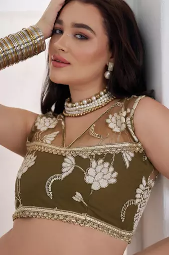 Alluring Olive Green Thread Work Net Mehendi Wear Lehenga Choli