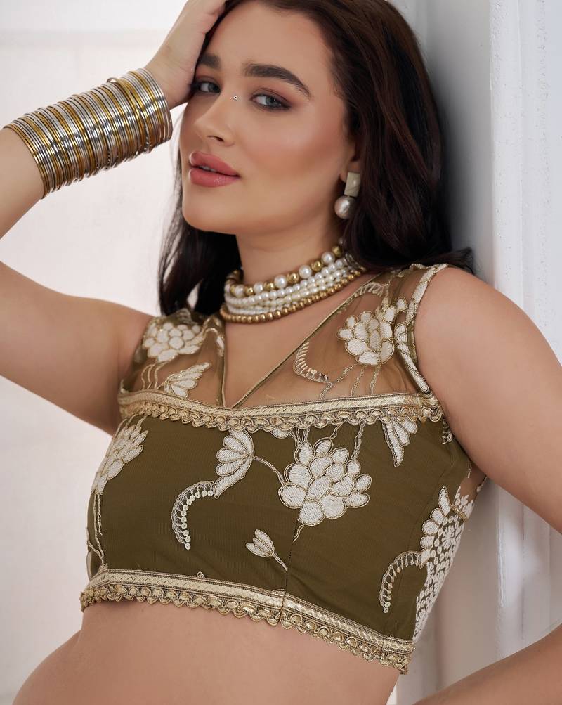Alluring Olive Green Thread Work Net Mehendi Wear Lehenga Choli