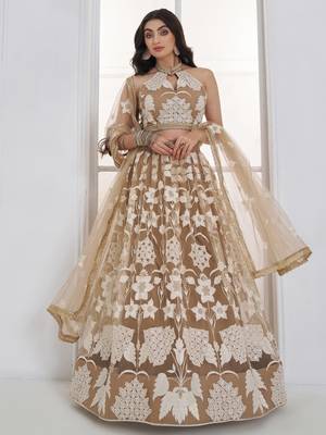 Dazzling Beige Embroidered Net Marriage Wear Lehenga With Blouse 1