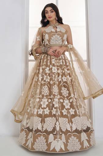 Beige Embroidered Net Marriage Wear Lehenga With Blouse