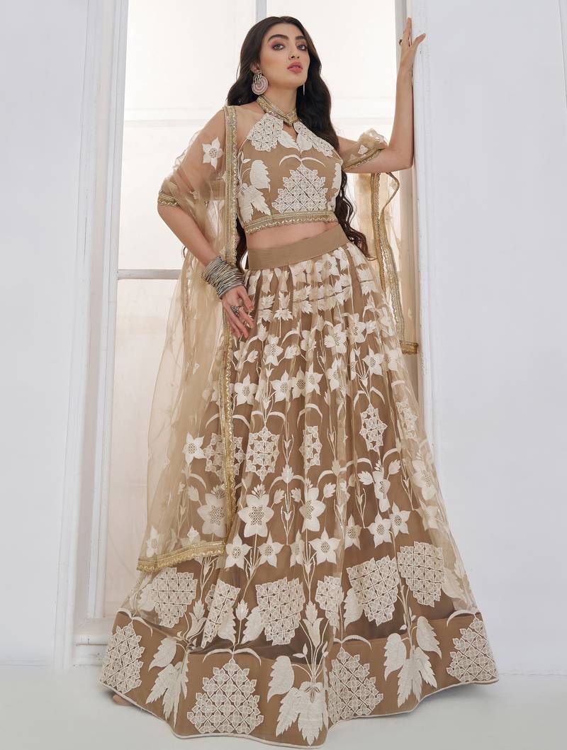 Dazzling Beige Embroidered Net Marriage Wear Lehenga With Blouse