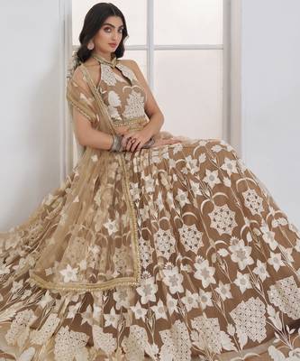 Dazzling Beige Embroidered Net Marriage Wear Lehenga With Blouse 3