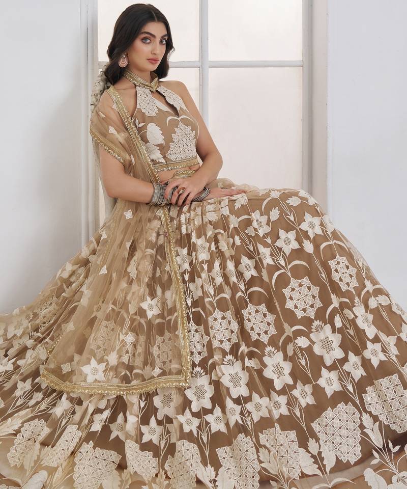 Dazzling Beige Embroidered Net Marriage Wear Lehenga With Blouse