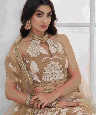 Dazzling Beige Embroidered Net Marriage Wear Lehenga With Blouse 5