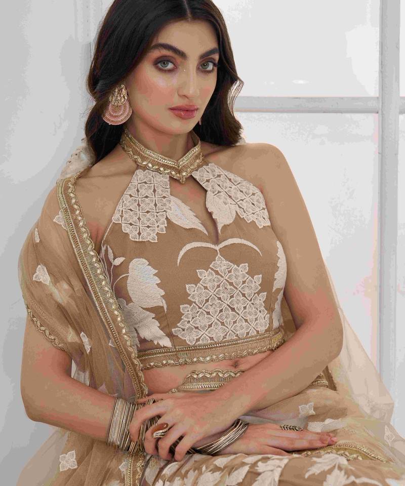 Dazzling Beige Embroidered Net Marriage Wear Lehenga With Blouse