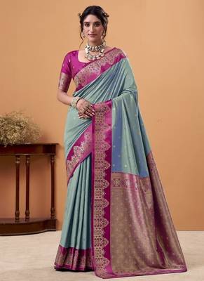 steel blue soft satin with rich woven border festive & wedding wear saree 1