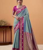 steel blue soft satin with rich woven border festive & wedding wear saree