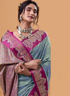 steel blue soft satin with rich woven border festive & wedding wear saree 2