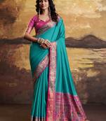 peacock blue soft satin with rich woven border festive & wedding wear saree