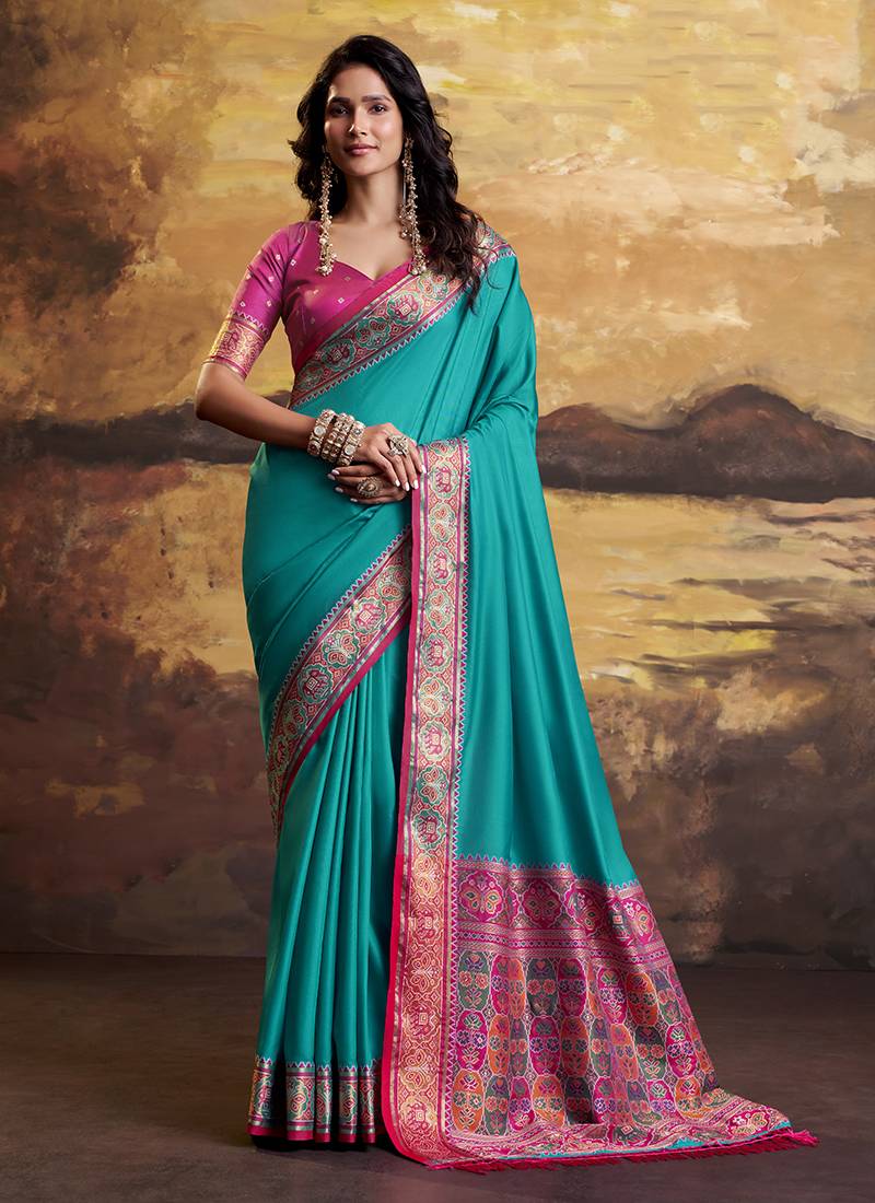 peacock blue soft satin with rich woven border festive & wedding wear saree