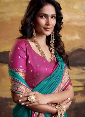 peacock blue soft satin with rich woven border festive & wedding wear saree 2