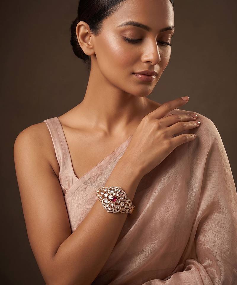 Gold plated ruby red kundan bracelet