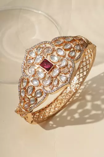 Gold plated ruby red kundan bracelet