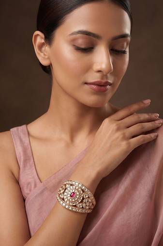 Gold plated ruby pink polki kundan bracelet