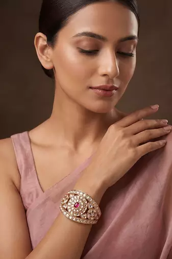 Gold plated ruby pink polki kundan bracelet